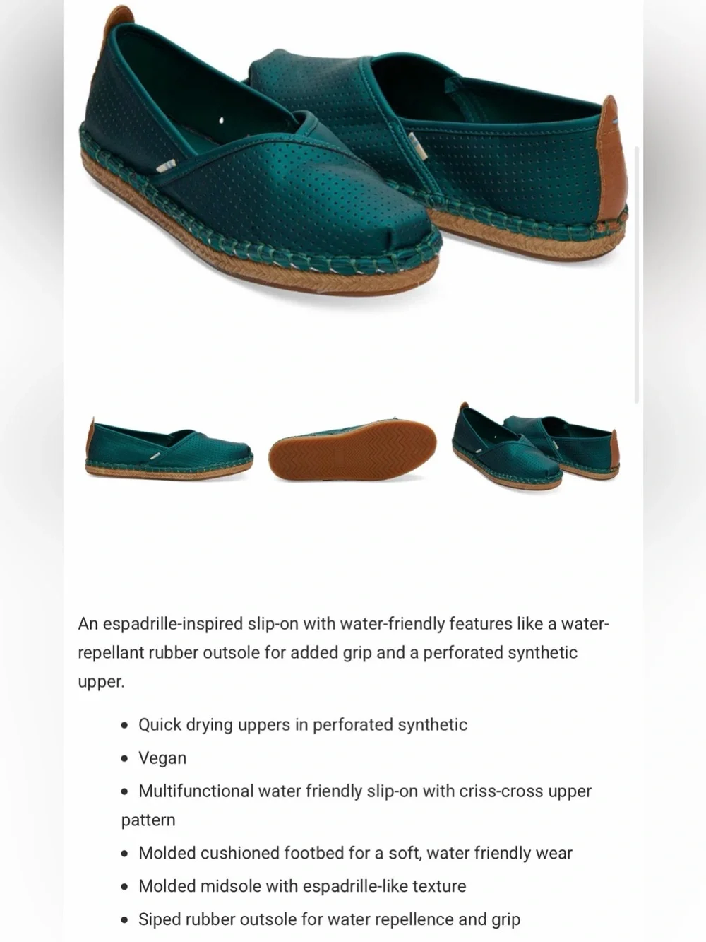 TOMS Women’s Size 6.5 Petra Emerald Green Matte Iridescent Espadrille Slip-On